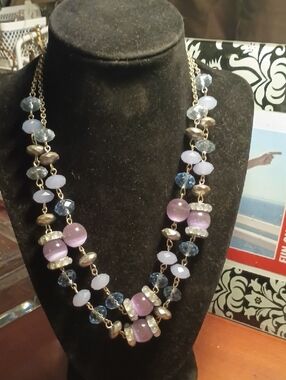 Modern Fuscia And Blue Moon glow Trifari Multistrand Necklace Bead Rhinestones
